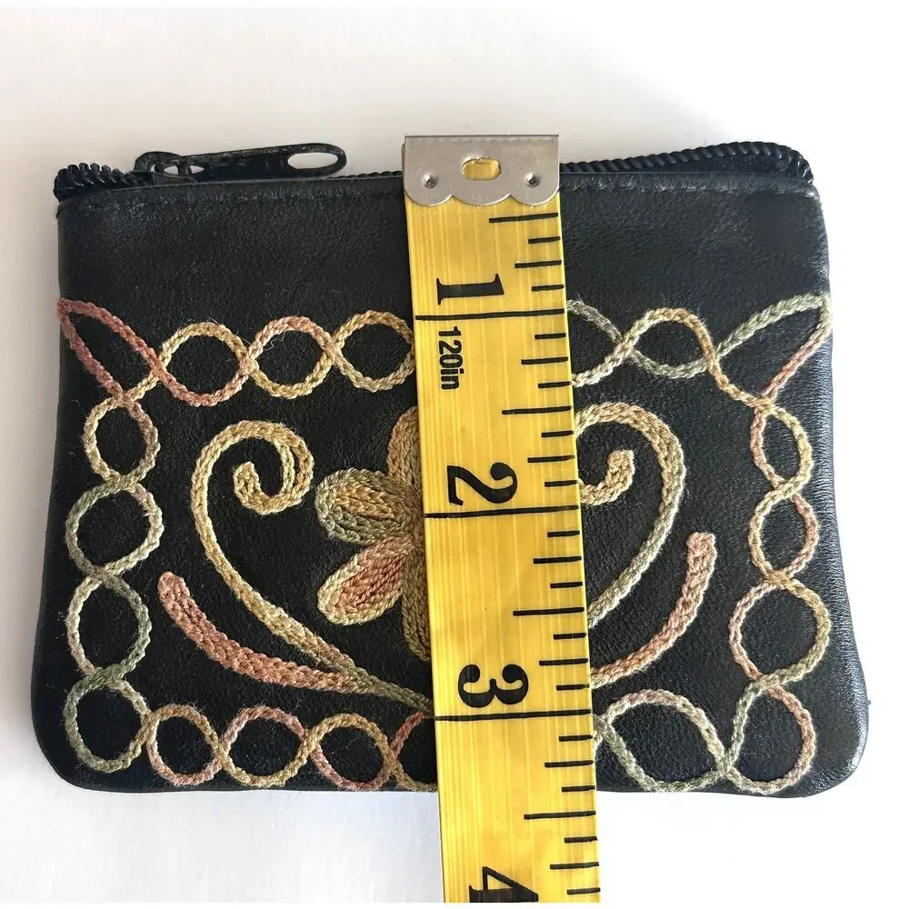 Embroidered Coin Purse Black Faux Leather Soutache Kashmiri Aari Work